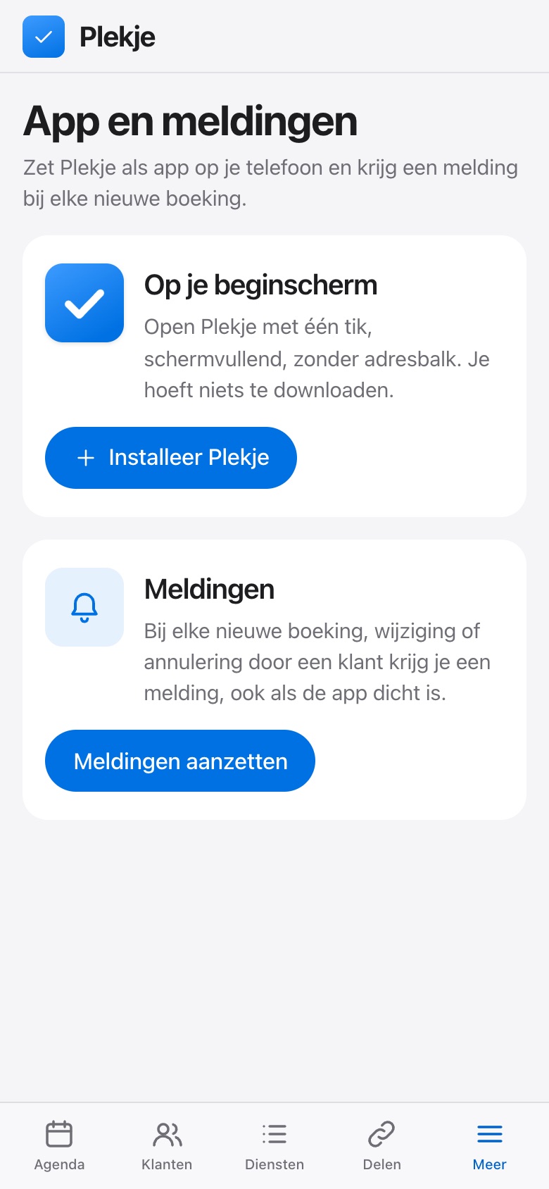 Het scherm App en meldingen: Plekje installeren op je beginscherm en meldingen aanzetten.