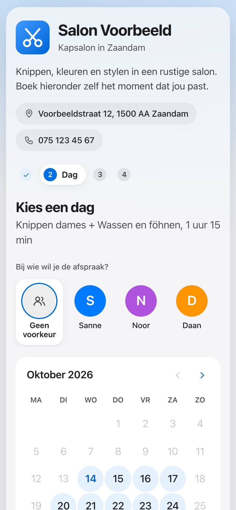 Stap 2: de klant kiest een dag met een vrij moment.